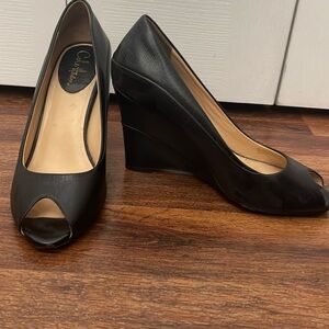 Cole Haan black leather peep toe womans wedge shoes. US size 10.5 used